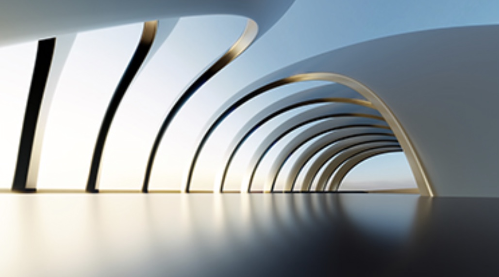 Architectural arches leading toward an open horizon.